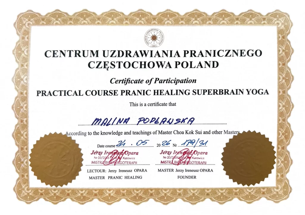 Diplom für den Pranic Healing Superbrain Yoga Kurs