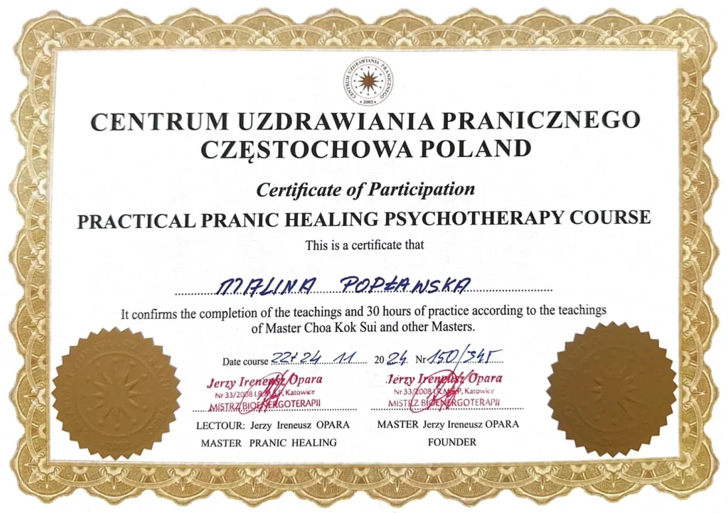 Diplom für den Pranic Healing Kurs Psychotherapie