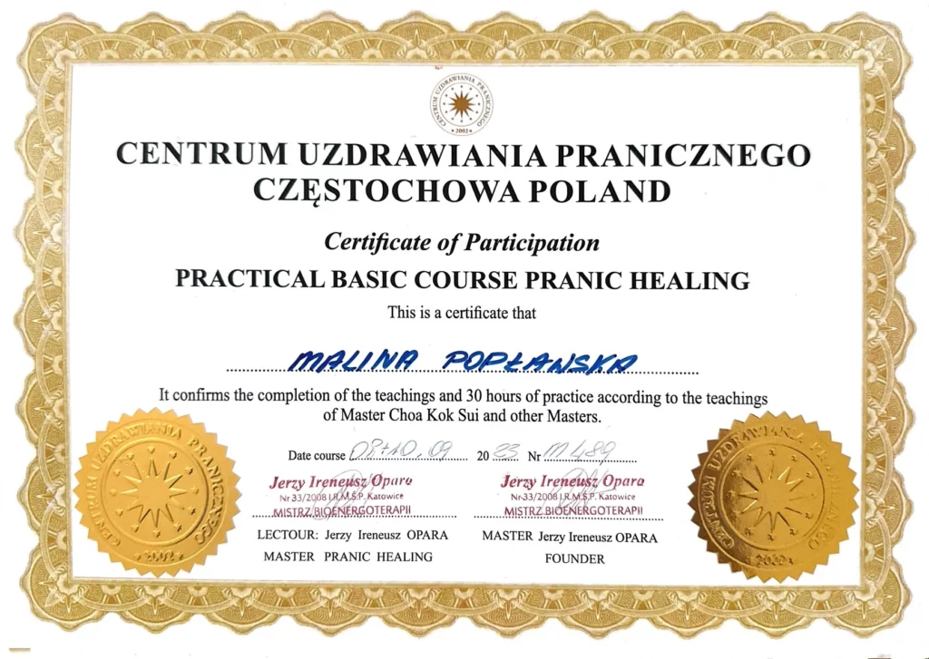 Diplom für den Pranic Healing Grundkurs zur Reinigung
