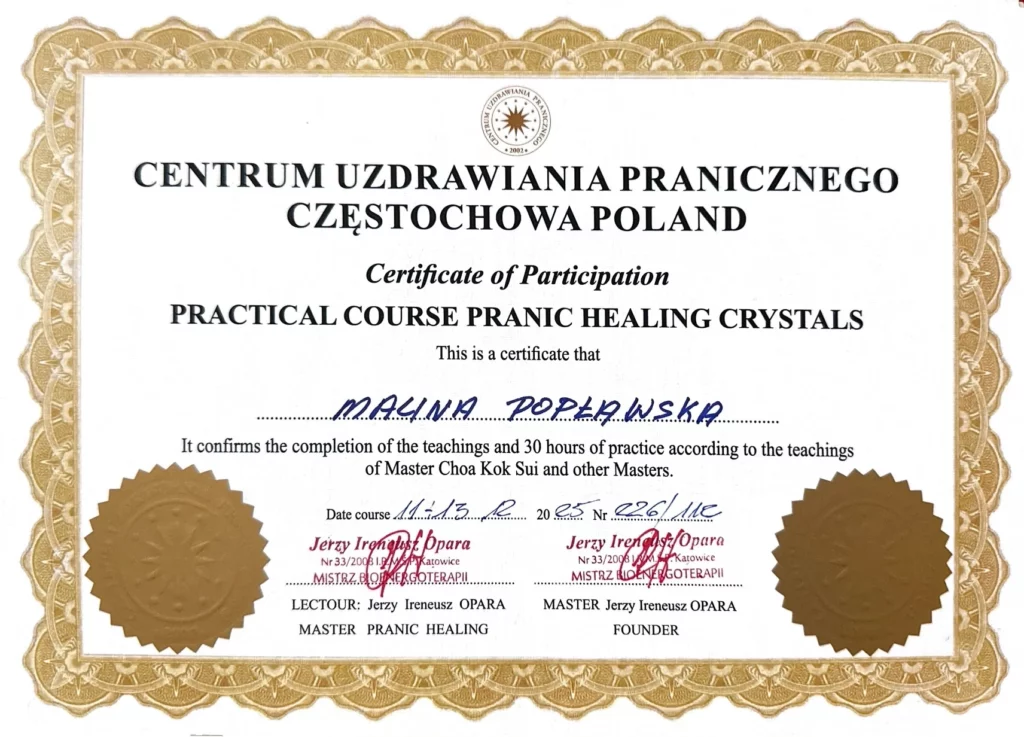 Diplom für den Pranic Healing Kurs Kristallreinigung
