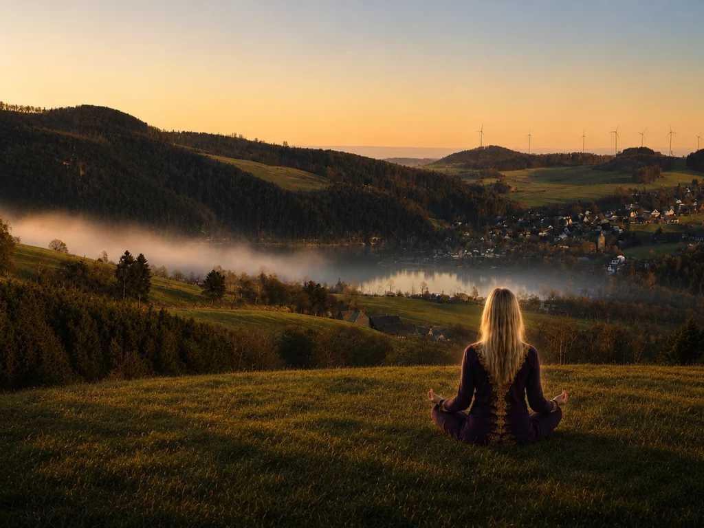 Meditierende Frau mit Aura in der Natur